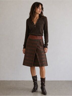 Graeme Black Geometric A-Line Skirt Wool Leather Trim Knee Length Multicolor
